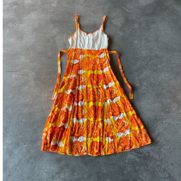 Vintage Orange Floral Summer Maxi Dress with tie in back Size M - Picture 1 of 5